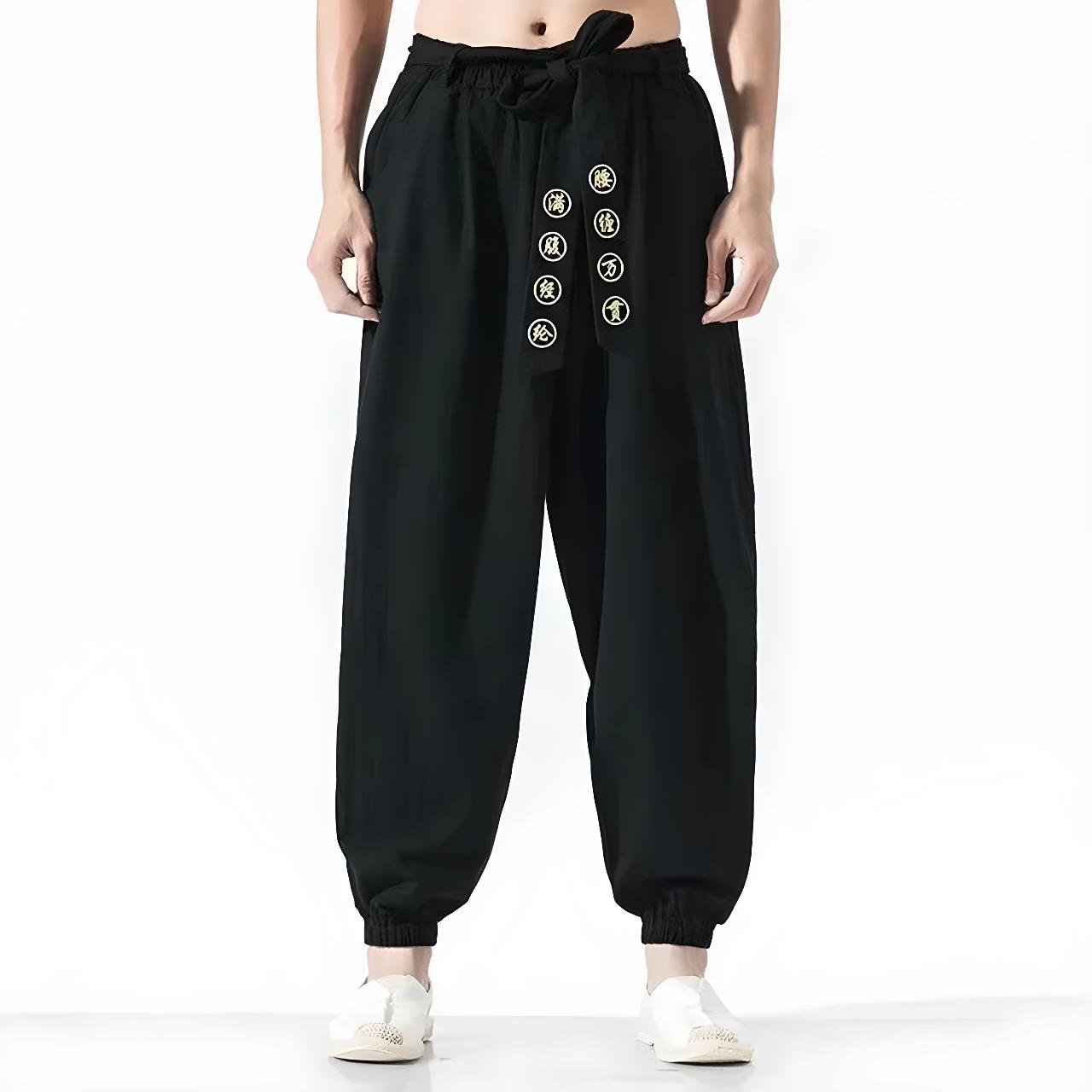 Pantalon avec ceinture noir à motifs japonais