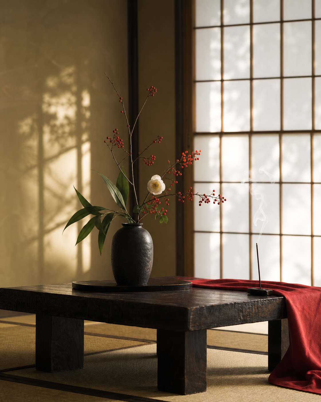 Atmosfera giapponese tradizionale: tatami, ikebana e incenso davanti a uno shoji