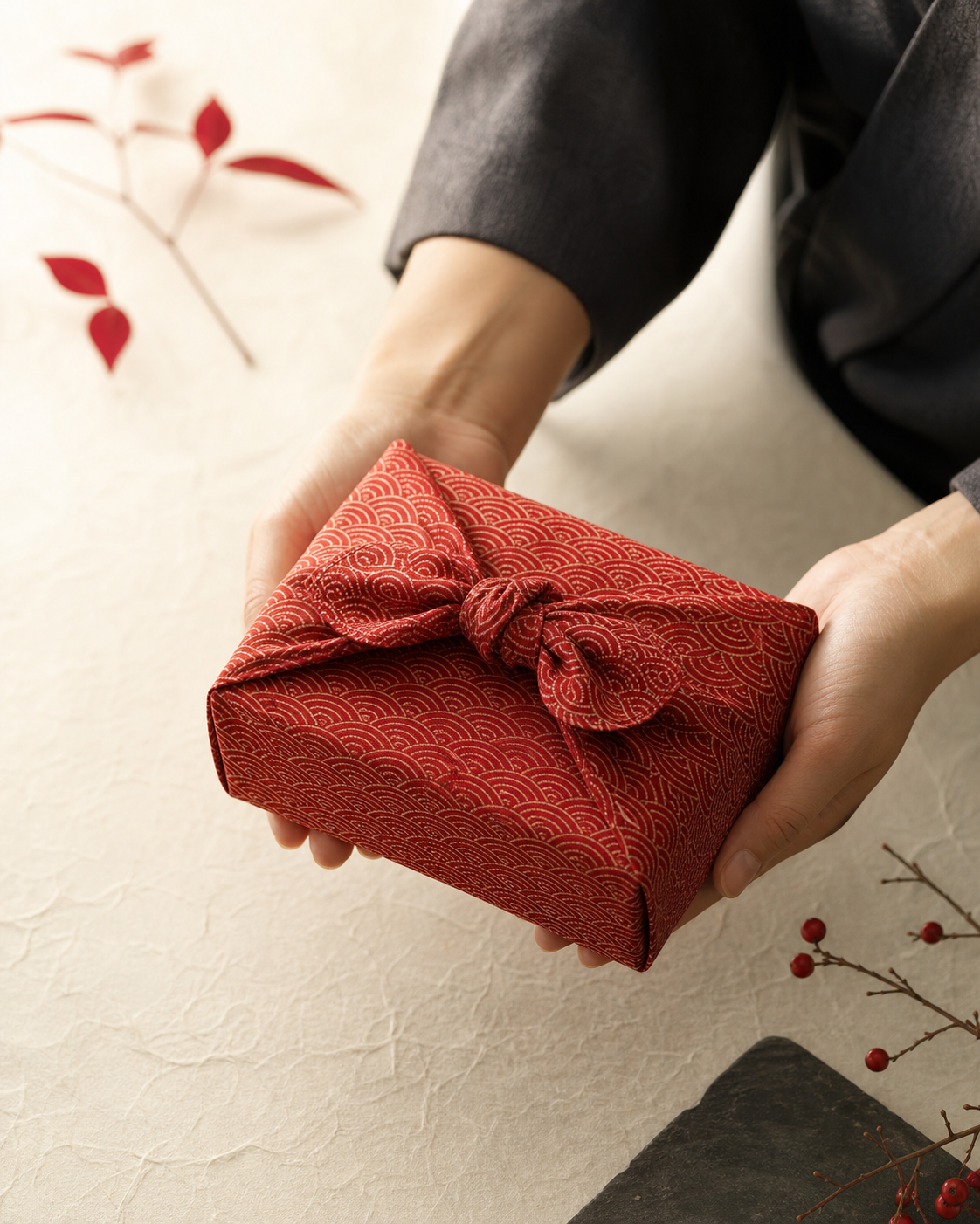 Regalo incartato alla giapponese in un furoshiki annodato