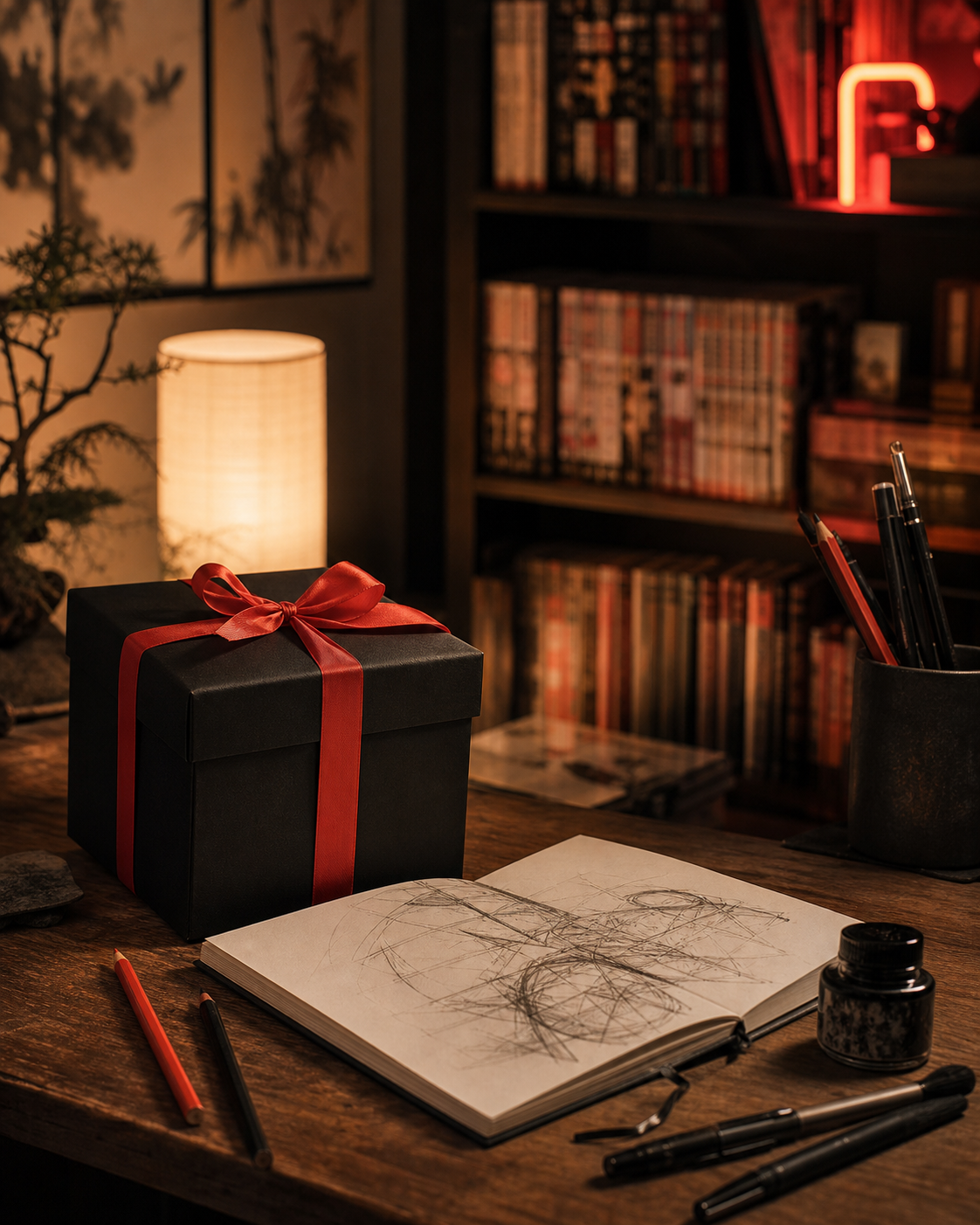 Regalo per un fan dei manga su una scrivania davanti a una libreria di manga