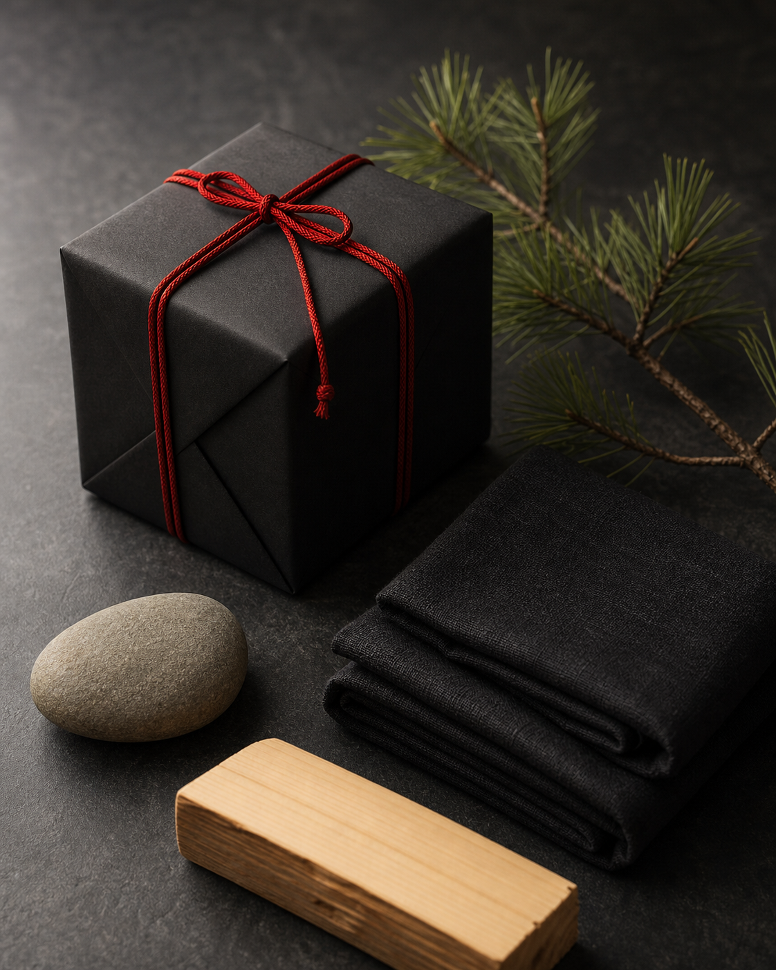 Idea regalo giapponese per uomo: confezione incartata in nero e rosso su ardesia