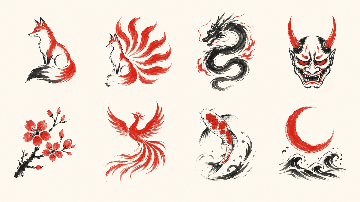 Infografica: significato dei motivi giapponesi kitsune, drago, oni, sakura e koi